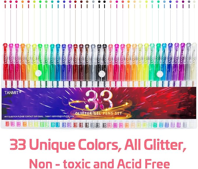 TANMIT Glitter Gel Pens, 33 Colors Neon Glitter Pens Set Gel Art Markers - Image 2