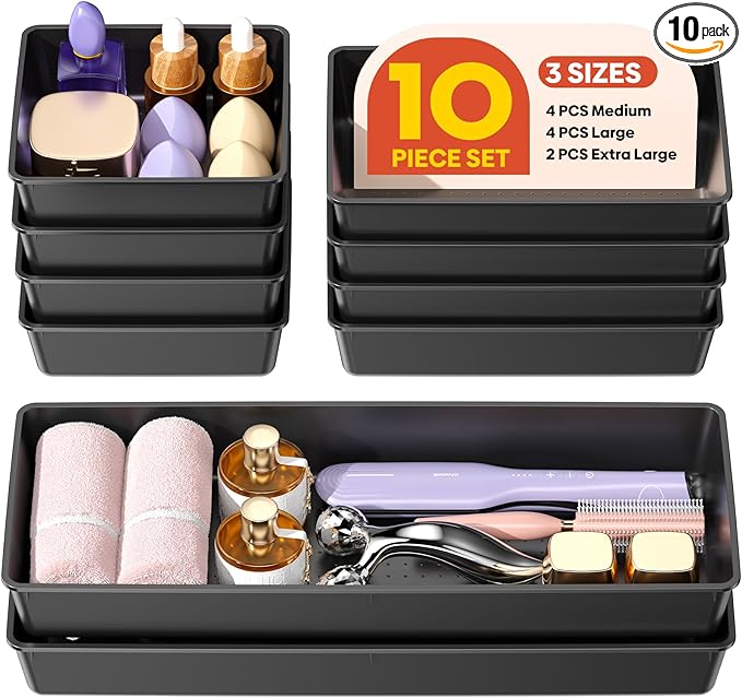 10 Pack Large Size Plastic Drawer Organizers Set, 3 Sizes Desk Drawer Organizer by Unknown