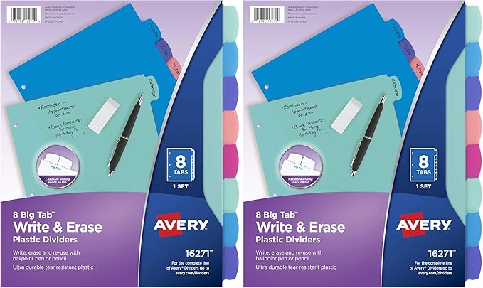 Avery Write & Erase Dividers for 3 Ring Binders, 8 Tabs per Set, Binder by Avery