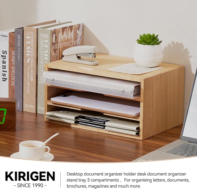 KIRIGEN Wooden Desktop Organizer, 3 Tier Solid Wood Letter Tray and Paper File - Image 5