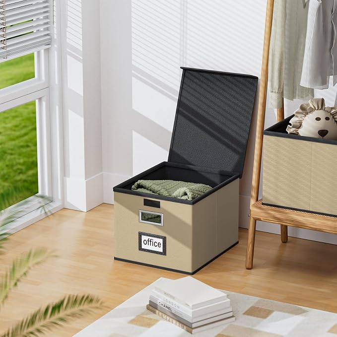 File Organizer Boxes with Lids, Collapsible Faux Leather Hanging File Folder - Image 5