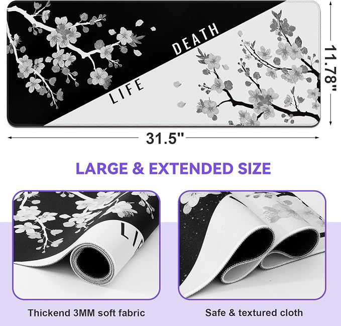 DIGSOM Mouse Pad Black and White Cherry Blossom Pattern, 31.5 x 11.8in | XL - Image 2
