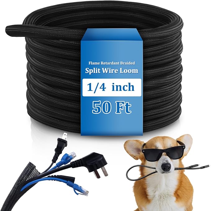 Pangda 50ft Split Wire Loom Tubing Flame Retardant Braided Cable Sleeve Split by Pangda