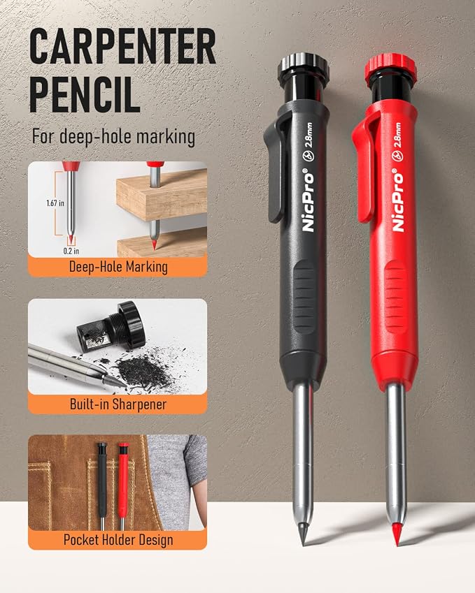 Nicpro Carpenter Pencil with Sharpener, Mechanical Pencils Set with 26 Refills - Image 2
