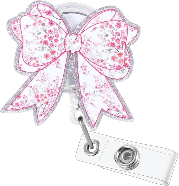 Funny Pink Floral Bow Nurse Badge Reel, Cute Retractable ID Badge Holder by Unknown