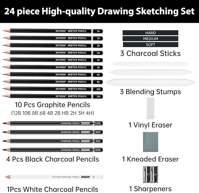 Drawing Sketching Pencil Set, 24 Piece Pro Artist Sketch Kit - Image 3