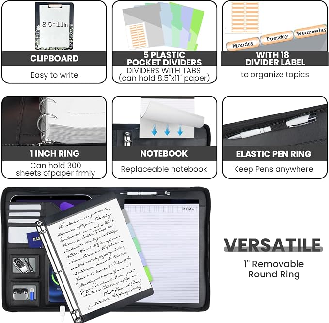 Clipboard with Storage for Men Women, Leather Padfolio Portfolio with Zipper - Image 3