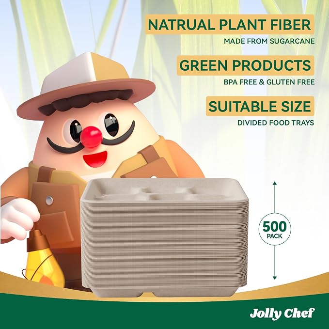 JOLLY CHEF Compostable  Compartment Paper Plates 10 * 8.25 * 1  Small - Image 6
