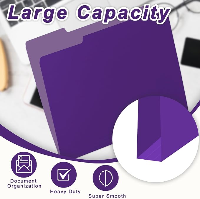100 Packs Purple File Folder, 1/3-Cut Tabs, Manilla File Folders Letter Size - Image 4
