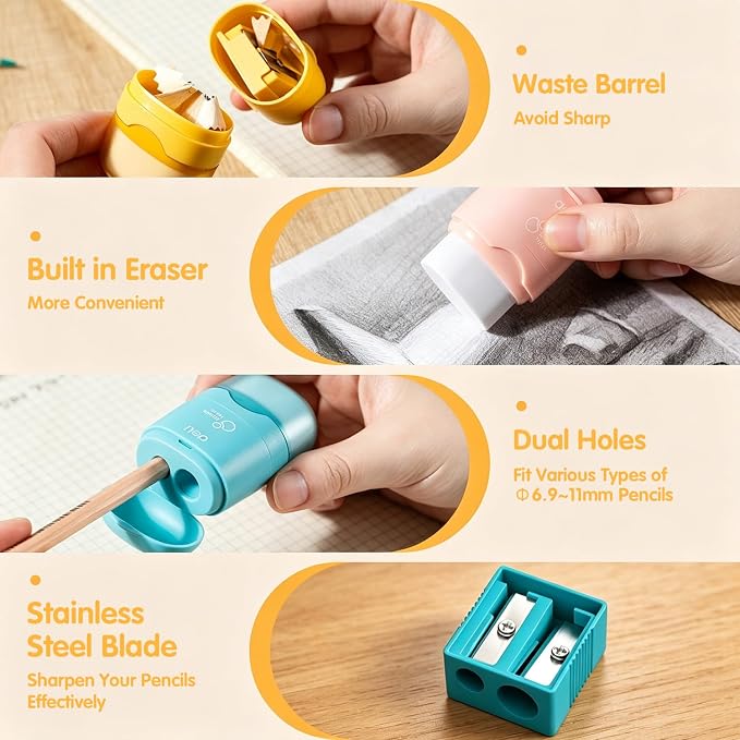 Deli Pencil Sharpener & Eraser, 4 Pack Pencil Sharpeners Manual, Dual Holes - Image 6