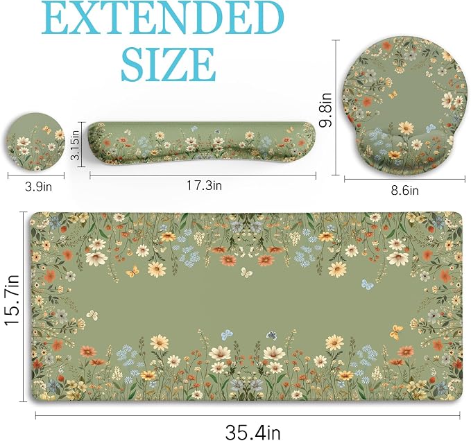 LIMKRIAN Floral Desk Mat Set, Cute Green Desk Accessories Gifts - Image 6