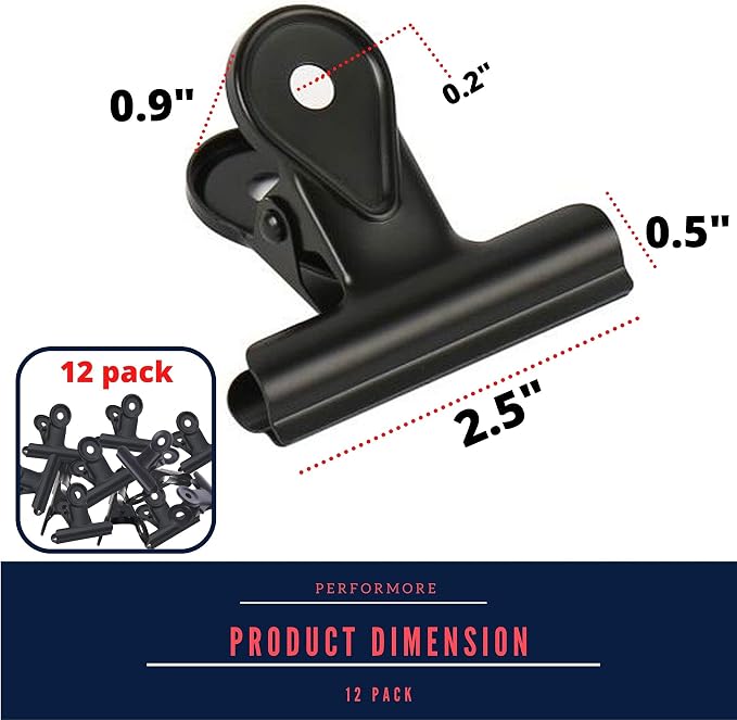 Performore 12 Pack of Black Bulldog Clips, 2 1/2 Inch Large, Metal Hinge Paper - Image 2