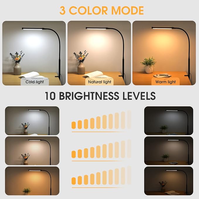 Voncerus LED Desk Lamp with Clamp, Eye-Caring Clip on Lights - Image 2