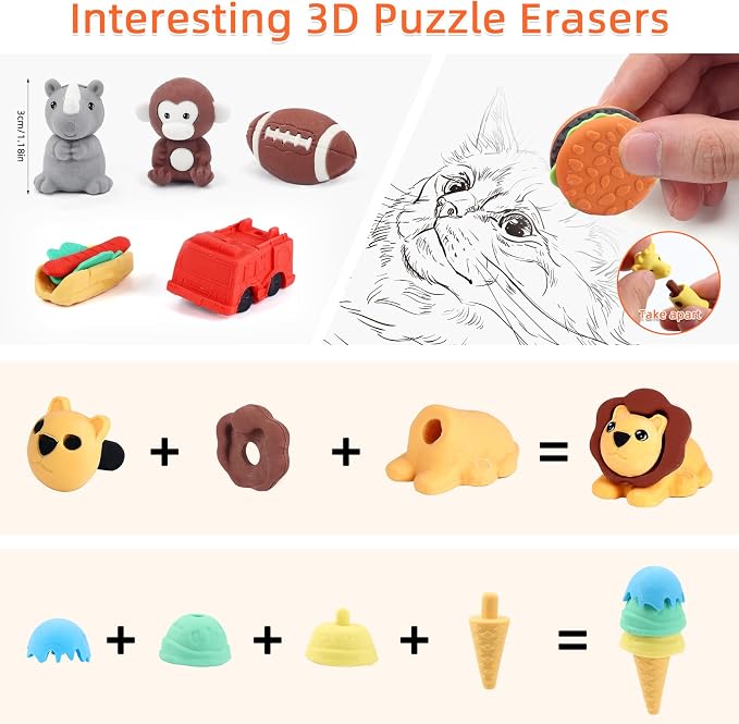 URSKYTOUS 150Pcs Animal Erasers Bulk Cute Food Erasers Desk Pets Kids Puzzle - Image 5