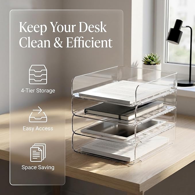 DCA 4 Tier Clear Desk Organizer, Stackable Paper Tray, Acrylic File Holder - Image 5