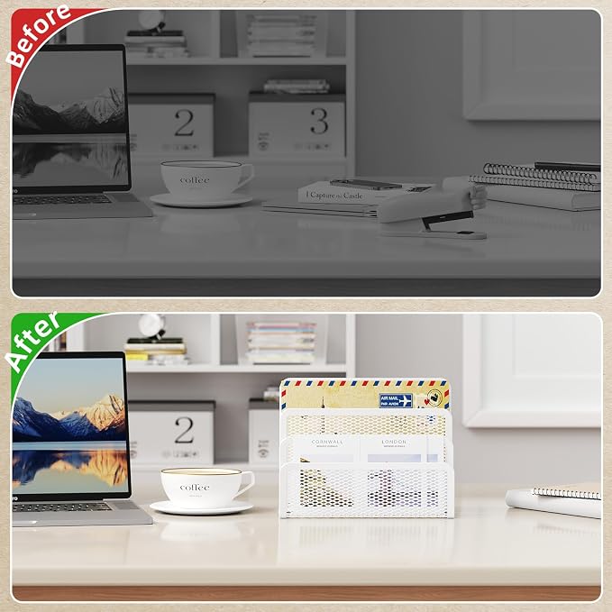 Marbrasse Mail Organizer for Desk, 3-Slot Mesh Metal Mail Holder countertop - Image 5