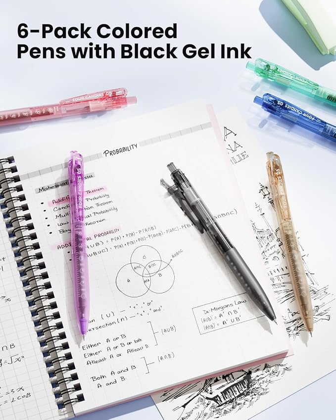 Four Candies 6Pack 0.5mm Black Ink Quick Dry Retractable Gel Pen Set, Cute - Image 3