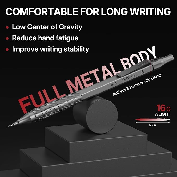 WUO 0.5mm Mechanical Pencil Set, 3 Grey Metal Drafting Pencils - Image 4