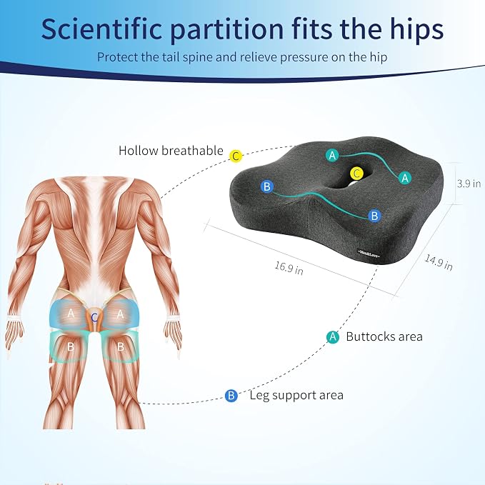 Memory Foam Seat Chair Cushion for Relieves Back Sciatica Pain Tailbone Pain - Image 4
