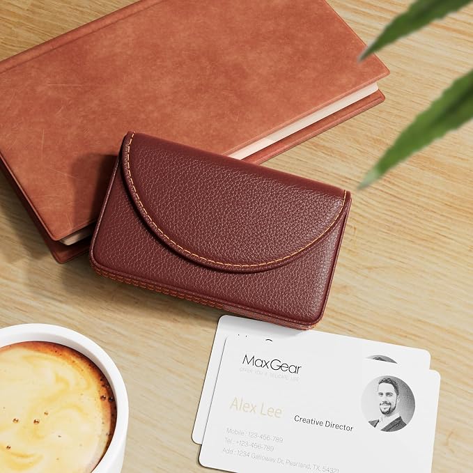 MaxGear Business Card Holder Case, PU Leather Business Card Case, Coffee | - Image 2