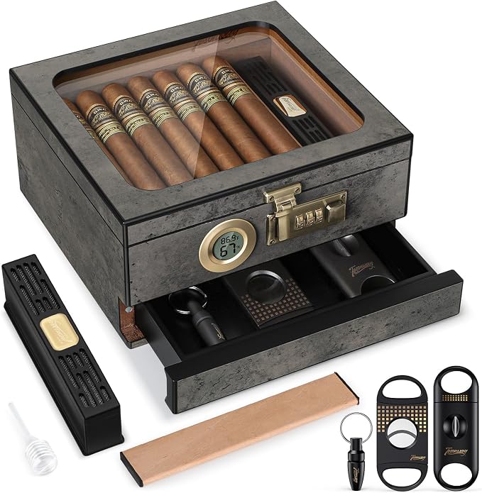 Tesonway Cigar Humidor, Cedar Wood Humidor Cigar Box, Glass Top Desktop Humidor by Tesonway