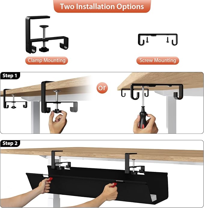 Univivi No Drill Under Desk Cable Management Tray, Clamp/Screw Mount Desk Cable - Image 6