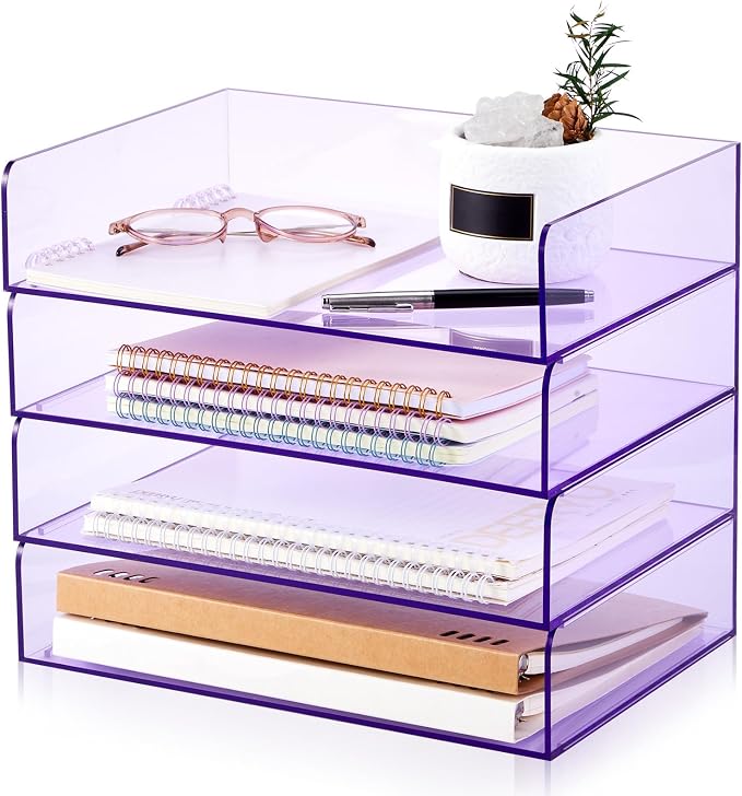 Harloon 4 Tier Clear Purple Acrylic Paper Organizer Letter Tray, Aesthetic by Muasung