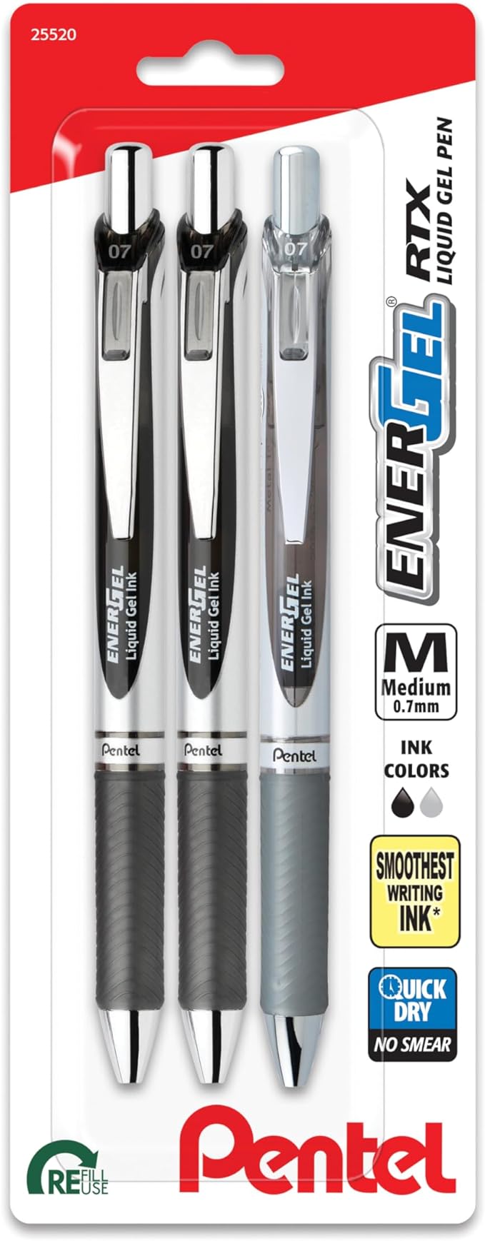 Pentel EnerGel RTX Retractable Liquid Gel Pen, Scholar Hue, 2 Black and 1 Gray by PentelofAmerica