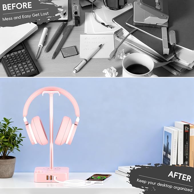 Pink Headphone Stand with USB Charger, Gaming Headset Holder with 3 USB Ports & - Image 7