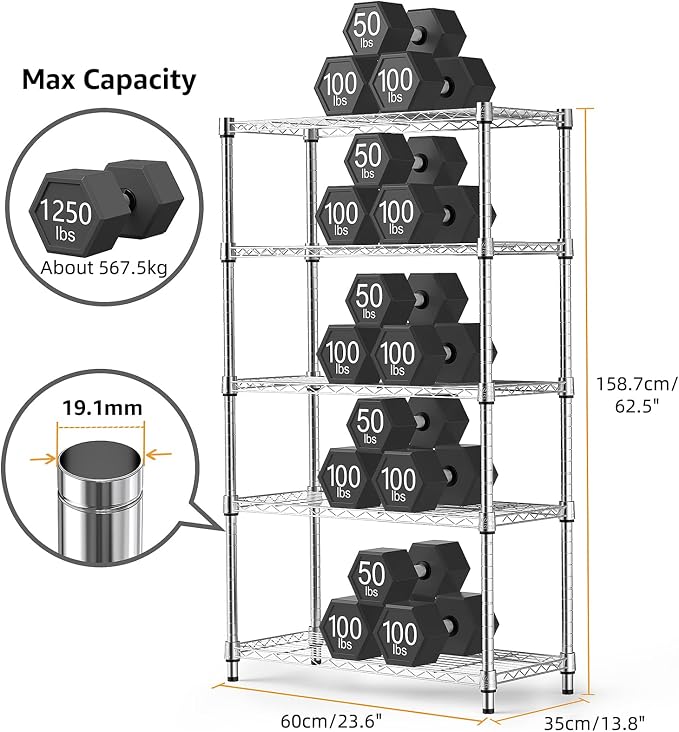 M MZG 1250 lbs Steel Heavy Duty 5-Tier Utility Shelving Unit Steel Organizer - Image 3
