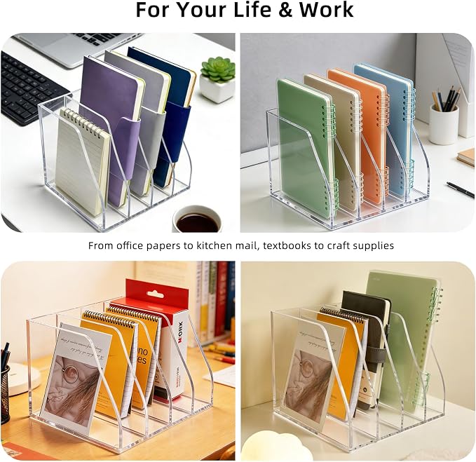 Acrylic Magazine File Holder, 4 Vertical Compartments Desk Document Sorter - Image 7