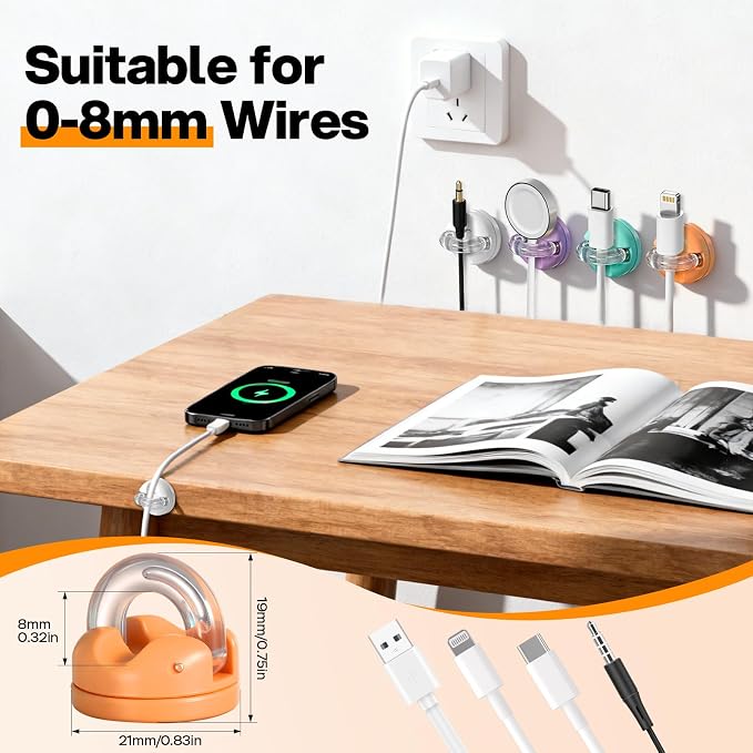 Magnetic Cable Clips, 8 Pack 360° Rotatable Cord Organizer, No-Residue Adhesive - Image 6
