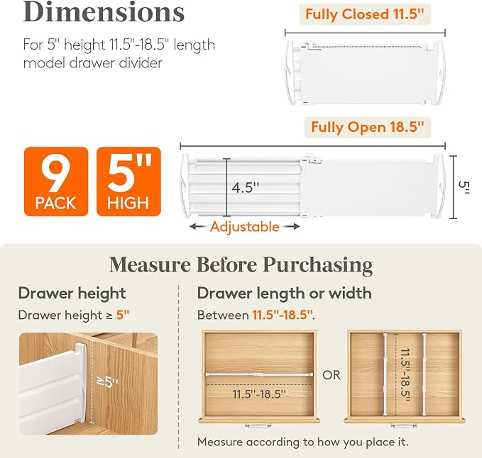 Lifewit 5" High 9 Pack Drawer Dividers, 11.5"-18.5" Adjustable Deep Drawer - Image 2
