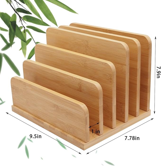 Desk File Mail Organizer Countertop, 5 Slots Bamboo Folder Sorter Holder - Image 2
