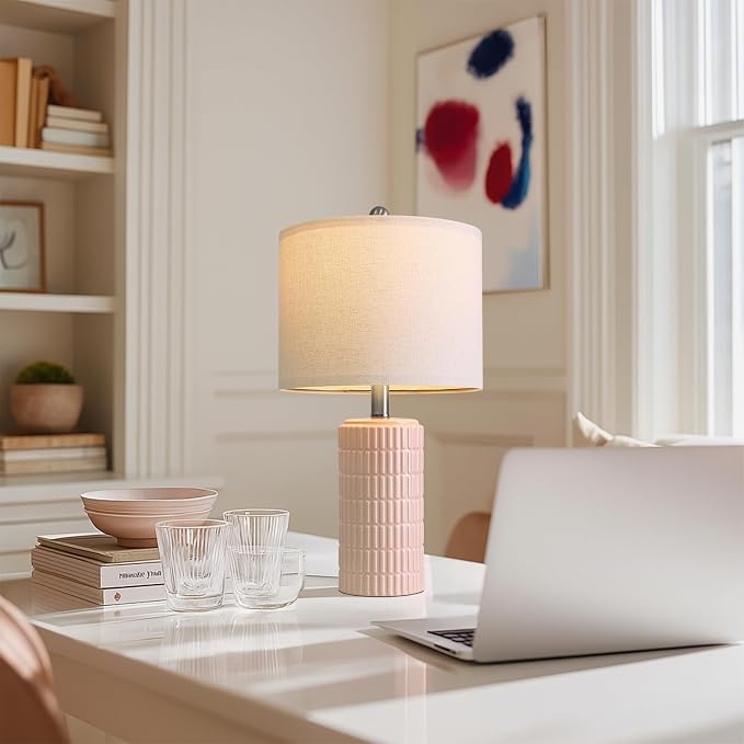 PoKat 20.75" Pink Ceramic Table Lamps Set of 2, Small Modern Bedroom Lamps - Image 4