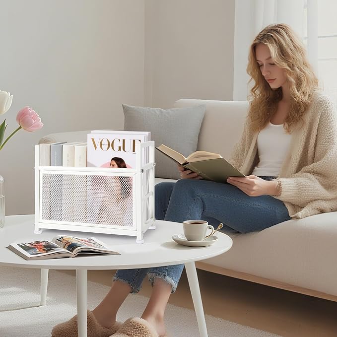 White Magazine Holder, Metal Magazine Rack Floor, Magazine Storage Basket - Image 6