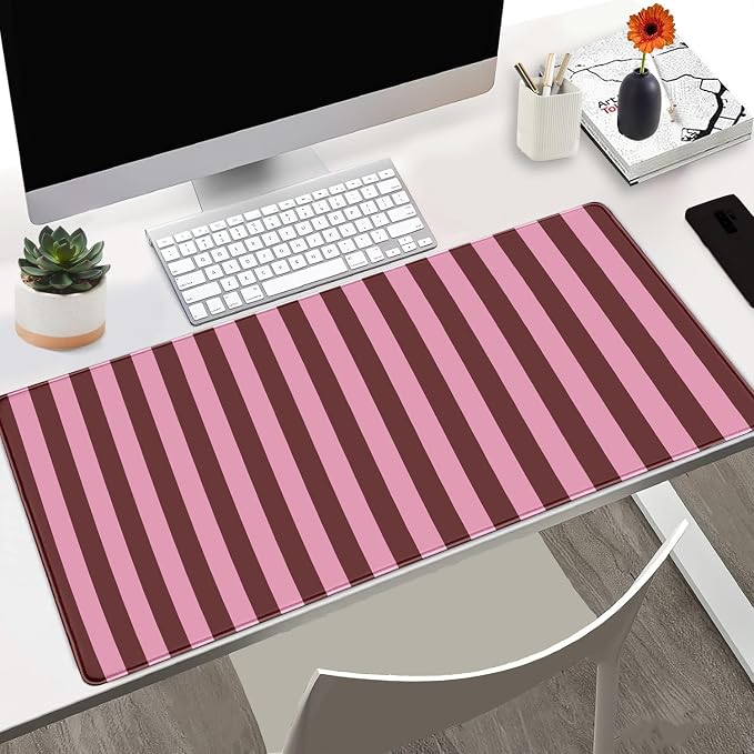 Pink and Burgundy Striped Desk Mat Cute Pastel XXL Large Gaming Mouse Pad Desk - Image 3
