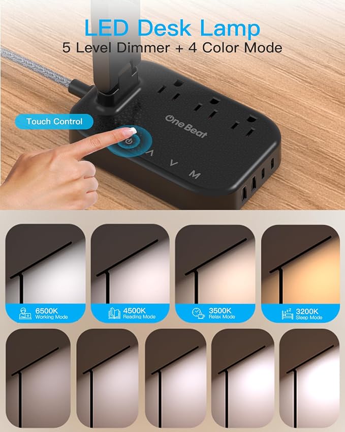 One Beat Small LED Desk Lamp Power Strip 10ft Extension Cord, 3 Outlets 4 USB - Image 2