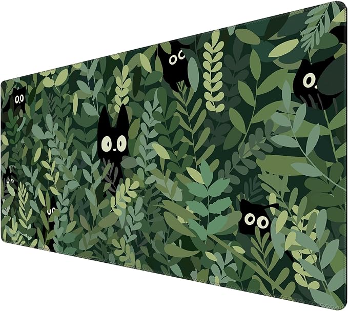 Kawaii Cat Mouse Pad Xl-31.5x15.7in-Anime Black Cat Green Plant Desk Mat by Nasdalgias