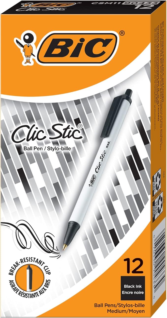 BIC Clic Stic Black Retractable Ballpoint Pens, Medium Point, 12-Count Pack by BIC