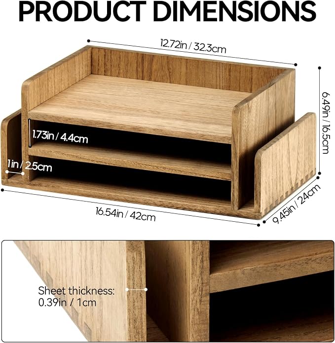 KIRIGEN Wood Desk Organizer 5 Trays, 3-Tier Desktop Document Letter Tray - Image 6