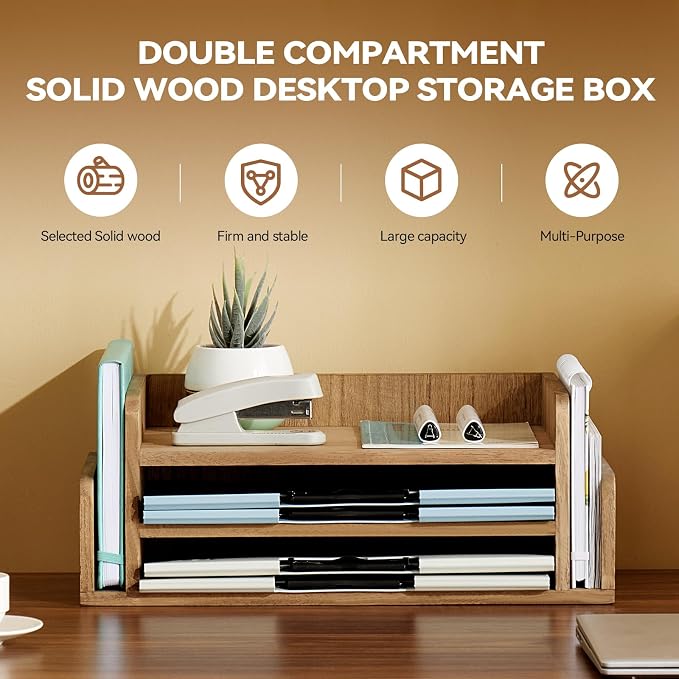 KIRIGEN Wood Desk Organizer 5 Trays, 3-Tier Desktop Document Letter Tray - Image 7