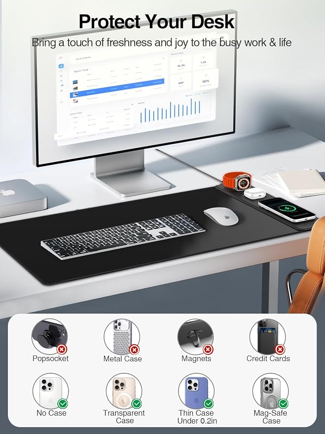 Mouse Pad with Magnetic Wireless Charging, Large Desk Mat, Non-Slip Mouse Mat - Image 4