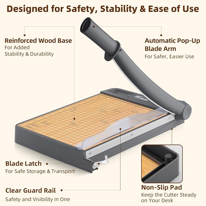 Firbon 12-Inch Wood Base Guillotine Paper Cutter, Heavy Duty 12-Sheet Capacity - Image 5