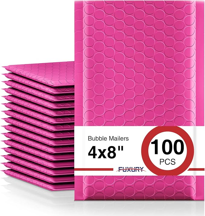 Fuxury Bubble Mailers 4x8" 100 Pack Pink Bubble Mailers Usable Size 4x7” Small by Fuxury