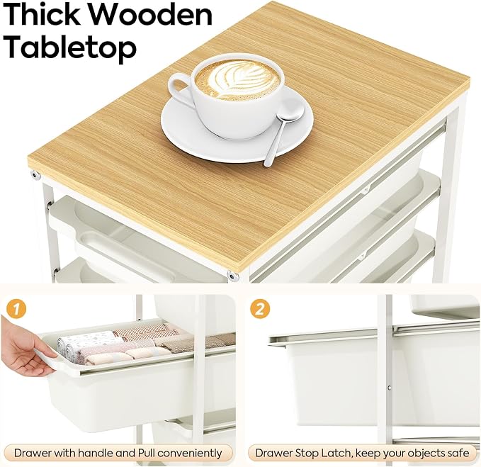 Slim Rolling Storage Cart with 5 Drawers, Craft Organizer, Wooden Tabletop - Image 4