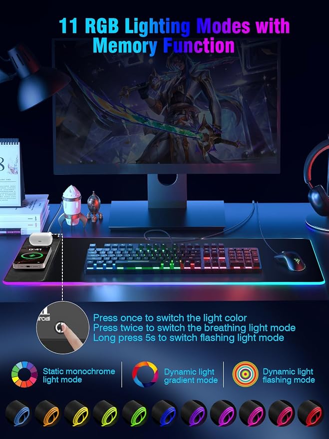 Mouse Pad with Magnetic Wireless Charging, Large Desk Pad Protector, RGB Black - Image 4