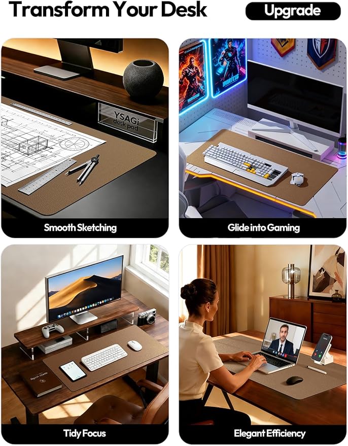 YSAGi Leather Desk Pad Protector, Office Desk Mat, Large Mouse Pad, Non-Slip PU - Image 2