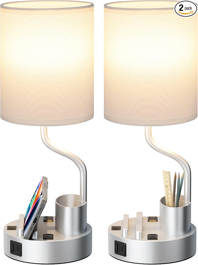 Grey Bedside Table Lamps for Bedroom Set of 2 by Fenmzeelighting