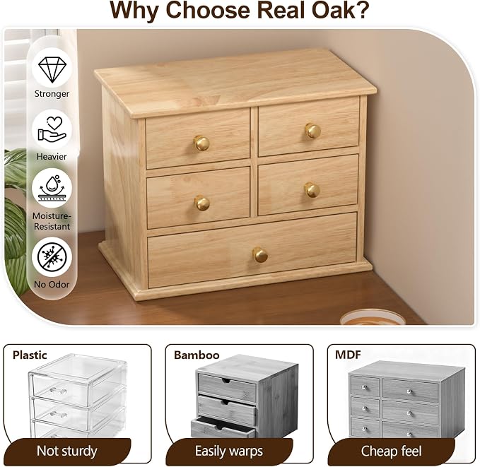 Oak Desk Organizer with Drawers, Wooden Desktop Storage Box with Metal Handles - Image 3